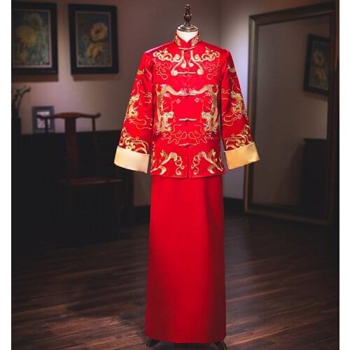 Male Red Cheongsam Toast Costumes Grooms Dress Jacket Long Gown Traditional Chinese Style Wedding Qipao Men Embroidery Tang Suit