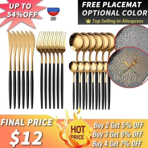 24Pcs/set Stainless Steel Dinner Black Gold Dinnerware Set Knife Fork Coffee Spoon Rose Gold Cutlery Set Kitchen Tableware Set