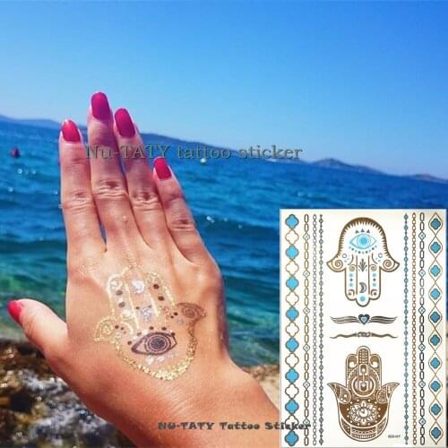 Nu-TATY 8PCS/LOT 24 style Temporary Tattoo Body Art, Gold Hamsa Fatima Designs, Flash Tattoo Sticker Keep 3-5 days