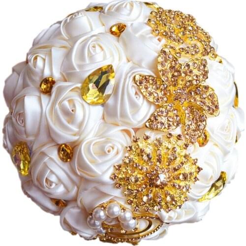 2021 Luxury Gold Crystal Rhinestones Silk Rose Flowers Wedding Bouquet Silk Bridal Bouquets Country Designer Fashion