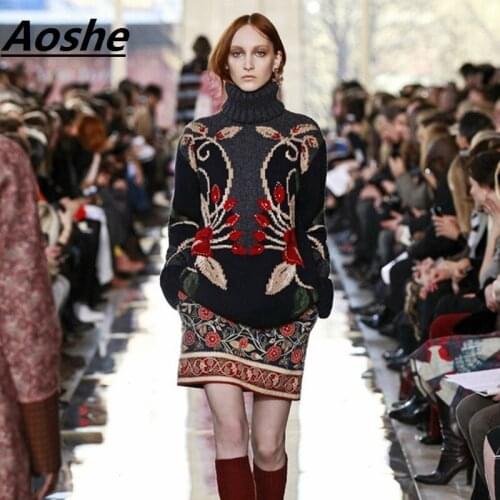 Luxury Designer Wool Sweater Women 3D Flora Embroidery Vintage Knitwear 2017 Winter Turtleneck Pullover Warm Jumper