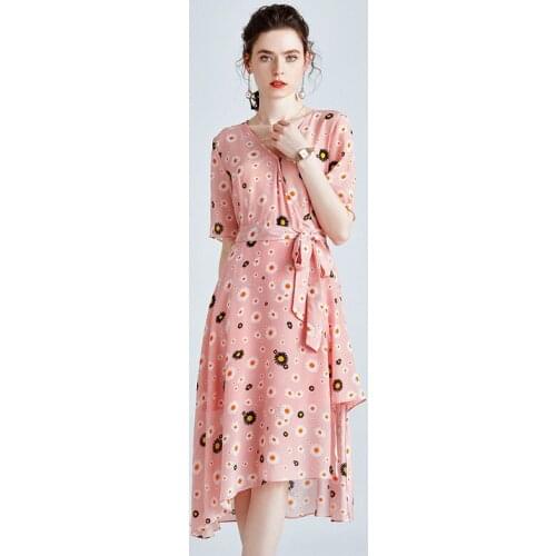 Pink Print Little Daisy Floral Silk Dresses Women Fashion 2021 Summer Long Casual Sexy Office Work Daily Dress Plus Size Slim