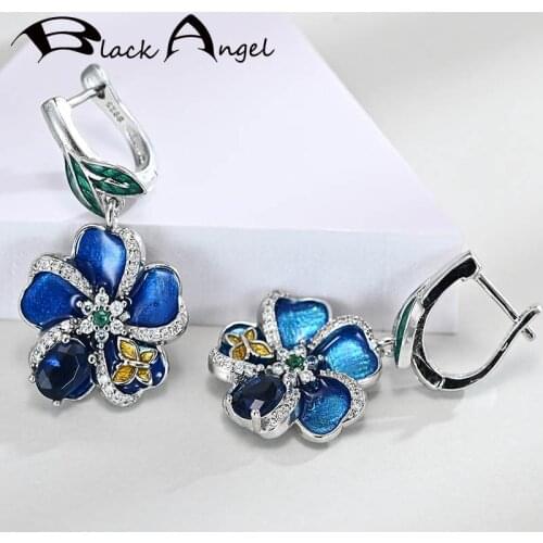 BLACK ANGEL Blue Enamel Plum Blossom Citrine Butterfly Clip Earrings For Women 925 Sterling Silver Fashion Jewelry Wholesale