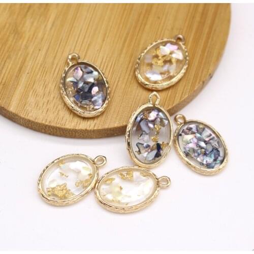 2pcs Vintage Transparent Shell Earring Charms Resin Finding Oval Shape Gold Leaf Bracelet Necklace Pendant DIY Jewelry Make