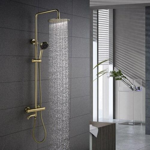 Bathroom Shower Faucet Set Solid Brass Rainfall Constant Temperature Shower Mixer Tap With Handheld Wall Mounted Brushed Gold