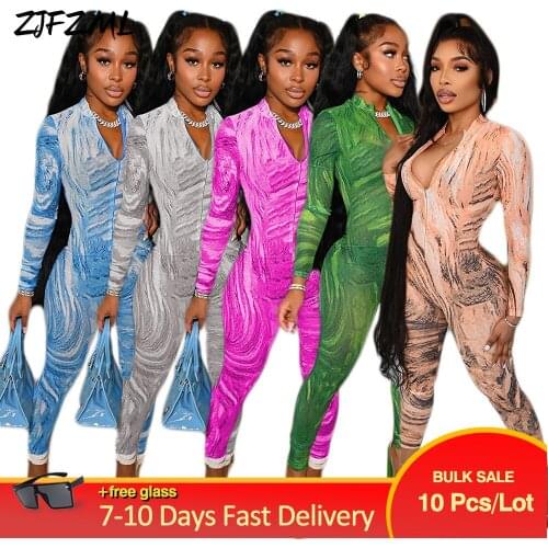Bulk Items Wholesale Lots Stretchy Deep V-neck Sport Wear Casual Jumpsuit Print Long Sleeve Skinny Sexy Overall Fitness Outfit