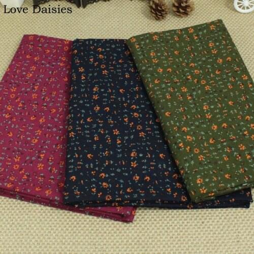 Cotton/Linen pastoral Fuchsia Dark Blue Army Green Small Orange Flowers Fabric for DIY Doll apparel dress tablecloth craft decor