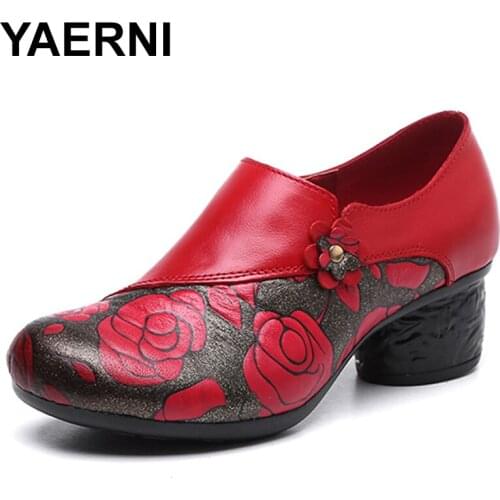 YAERNI2020 Spring Autumn National Style Women Pumps Flower Printing Round Toe Genuine Leather Women Chunky Heel Shoes Plus Size