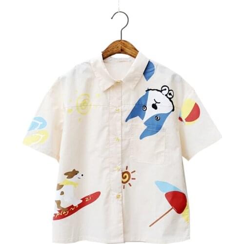 XUANHAO Women Cartoon Dog Print Short Sleeve Blouses 2020 Summer Turndown Collar Pockets Shirts For Femme Casual Top Blusas