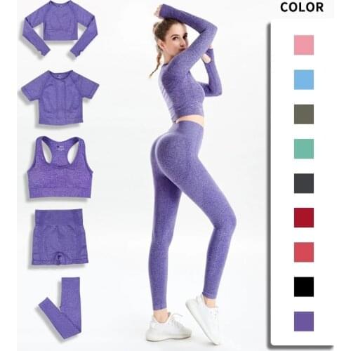 2021 New Women Yoga Sets 2/3/5PCS Seamless Long Sleeve Crop Top High Waist Gym Fitness Leggings Workout Sportswear Sport Suit