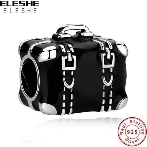 ELESHE Wholesale 925 Sterling Silver Black Enamel Travel Bag Square Bead Fit Original Bracelets for Women DIY Jewelry Making