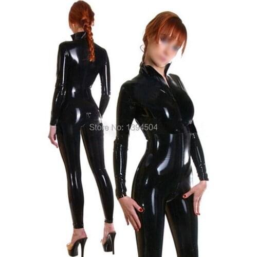 2018 sexy ecotic ceke Stand Collar Women female handmade black Latex Catsuit Front Zipper Through Crotch Tight-fitting Jumpsuit
