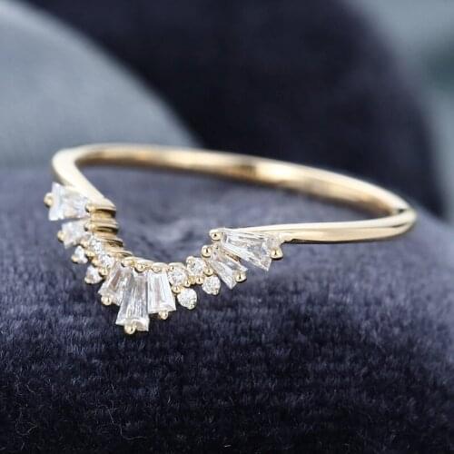 EDI Curved 14k Yellow Gold Crown Wedding Band Baguette Cut Diamond Anniversary Ring Stacking Matching Band Gift For Women