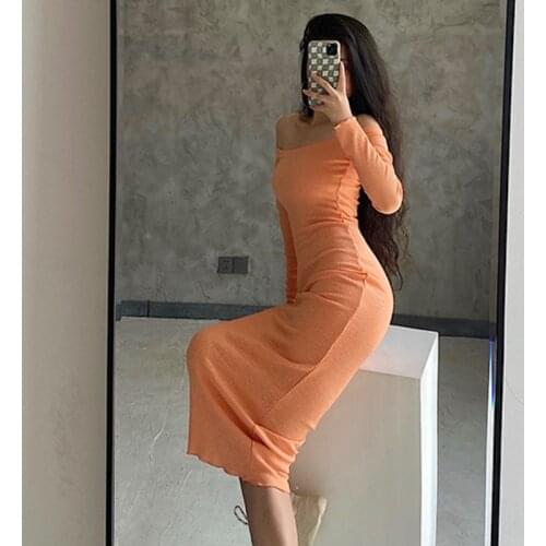 Europe Autumn Sexy Slash Neck Strapless Slim Knitting Elasticity Long Sleeve Dress Dresses Womens Robe 0JKD