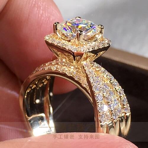10K Yellow Gold Women Ring Moissanite Diamonds 1 2 3 45 Ct Round 5 Lap Luxurious Flash Wedding Party Engagement Anniversary Ring