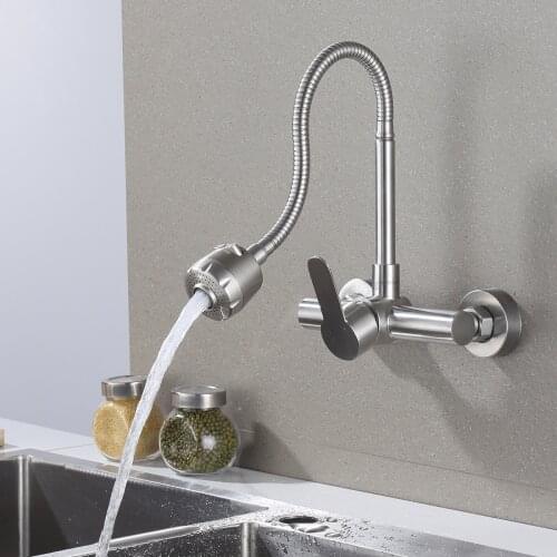 Kitchen Mixers Faucet Wall Mounted Cold & Hot Water Stainless steel Kitchen Sink Tap 360° Swivel Flexible with Hose Double Holes