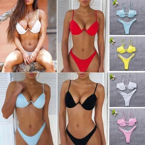 Summer Women Sexy Solid Color Underwear Set Gathered Padded Bra Bandage Bikini Set Swimsuit G-string Swimwear