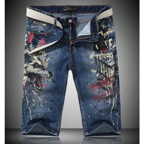 New Summer Denim Shorts straight Jeans Mens Coloured Drawing Knee Length Boys SHORTS Bottoms Men Five Pants