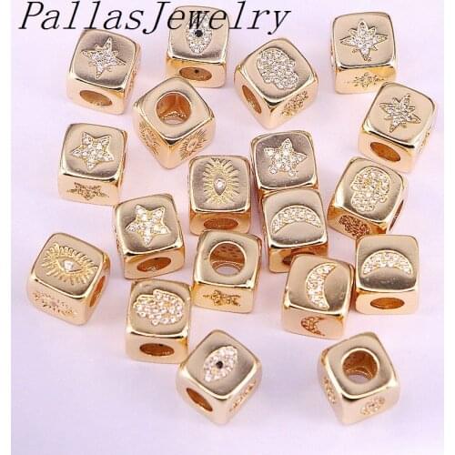 Wholesale 10Pcs Clear CZ Micro Pave Moon/eye/star Large Hole Spacer Beads, Cubic Zirconia Cube Spacer Beads, Gold Color Beads
