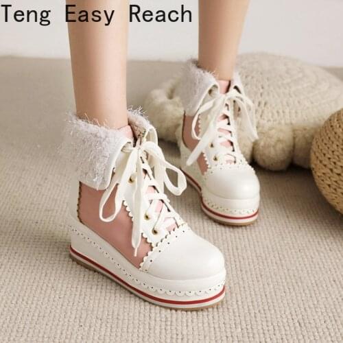 Autumn Lolita Shoes Sweet Lace Ankle Boots Women Round Toe Wedges Boot Fashion Plus Size 45 Platform Booties