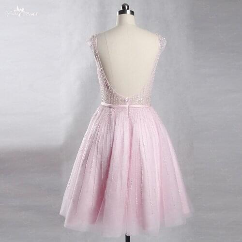RSW845 Luxury Sexy Open Back Boat Neckline Beaded Short Baby Pink Prom Dress