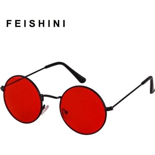 Feishini 2021 RED Cool Brand Classic Steampunk Sunglasses Women Round Metal Decorative Pattern Vintage Hip Hop Sunglass Men tiny