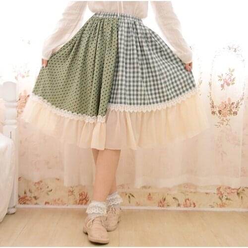Japanese Mori Girl Lolita Vintage Retro Hippie Boho Embroidery Lace Ruffle Plaid Patchwork Crochet Cotton Linen Women Fall Skirt