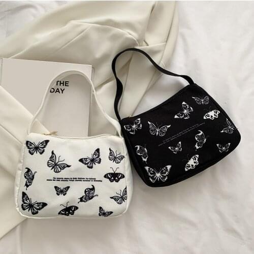 Women Small Handbag Butterfly Print Canvas Tote Ladies' Fashion Shoulder Underarm Bag Zipper Half Moon Bags Cotton Cloth Purse