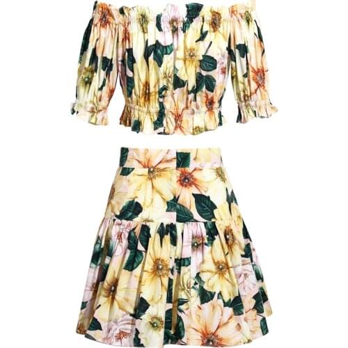 100% Cotton Spring Summer Womans Suit Camellia Print Short-Sleeved Top + Mini Skirt Fashion All-Match Two-Piece Suit Dress 2021