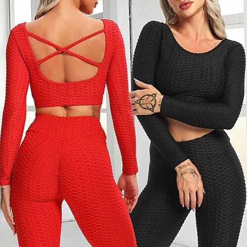 Women Vital Jacquard Yoga Set Gym Clothing Fitness Leggings+Cropped Shirts Sport Suit Women Long Sleeve Tracksuit Active Wear