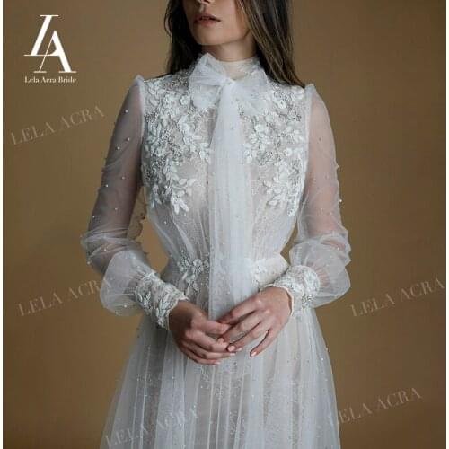 LelaAcra Fairy Long Sleeve Wedding Dress 2021 Romantic Appliqued Beaded Pearls A-Line Bridal Gown Princess LM05 Vestido De Novia