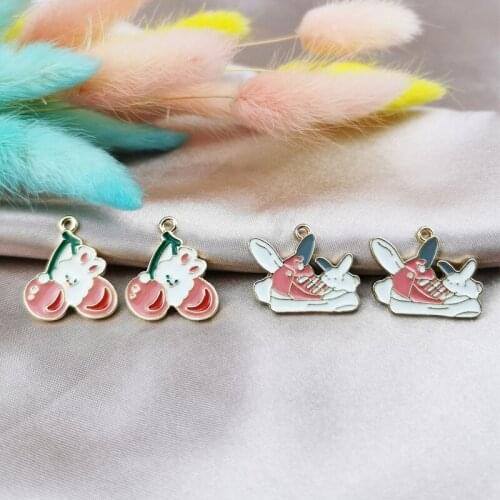 10Pcs/Lot Diy Jewelry Accessories Cartoon Alloy Dripping Oil Small Pendant Earrings Keychain Pendant Cherry Shoes Rabbit