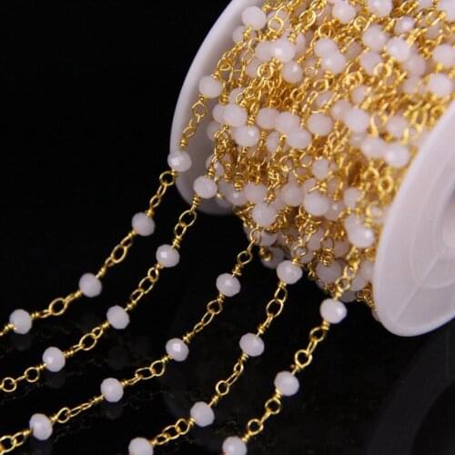 5Meters,White Crystal Glass Gold Rosary Chain,3x4mm Size Faceted Rondelle Bead Link Wire Wrapped Chain DIY Women Bracelet Crafts