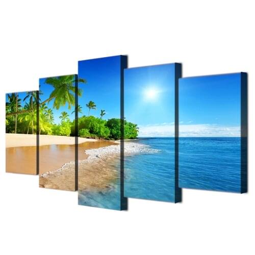 5 Panel Modern Canvas Seascape Beach Picture Dusk sea Wall Picture Modern Home Living Room Wall Decoration Large Long Size Art