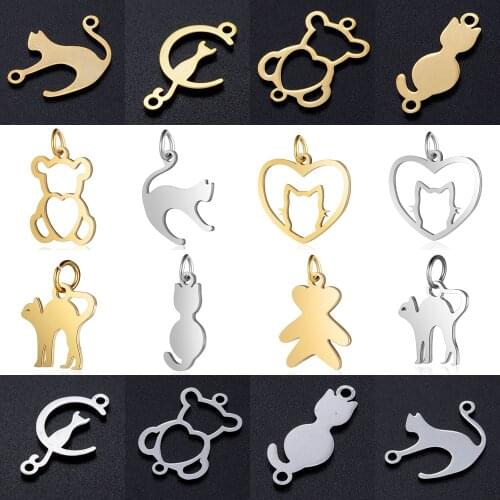 5pcs/lot diy cat on moon stainless steel charm pendant wholesale heart running cats bear jewelry bracelet connector charms