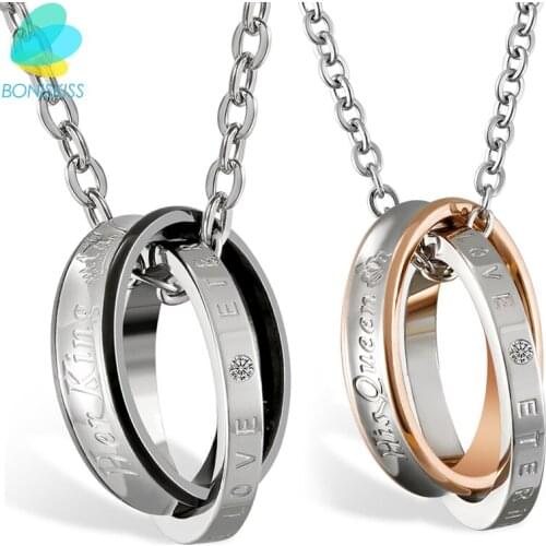 Boniskiss Her King/His Queen Lover Circle Pendant Necklace For Women And Women Silver Color Round Necklace For Couple Jewelry