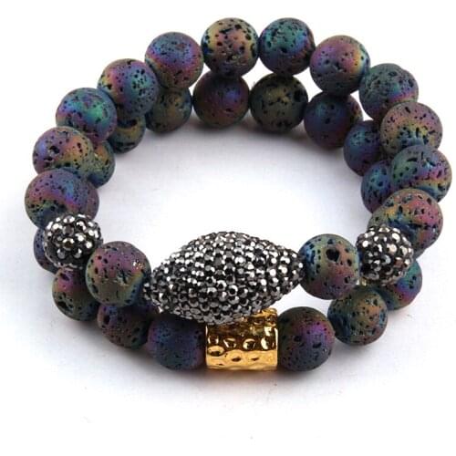 Free Shipping Energy Bracelets Beautiful Fashion Handmake Paved Lava Stone Oval Pave Bracelet 2pc Set