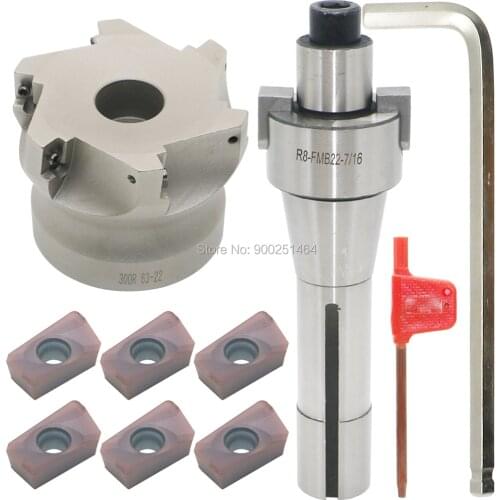 Face Milling Cutter Holder 90 Deg 300R 63-22 + R8-FMB22-7/16 + APMT1135 Hard Alloy Blade, Suitable for CNC Machine Processing