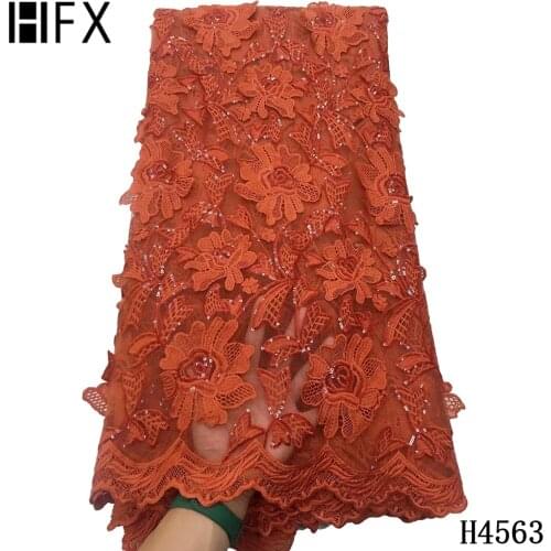 HFX Burnt Orange Tulle Lace Fabric French Lace With Sequins Mesh Lace African Lace Fabric 2021 Net Lace Nigerian For Women Dress