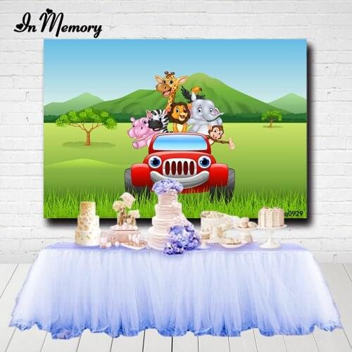 InMemory Green Safari Jungle Birthday Party Background Driving Animals Wild One Backdrops For Boys Photo Studio Customized
