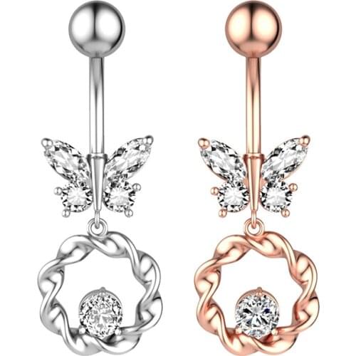 1Pc Crystal Belly Button Ring Butterfly Belly Piercing Dangle Navel Piercing Rose Gold Sexy Navel Bar Cute Belly Ring Navel Ring