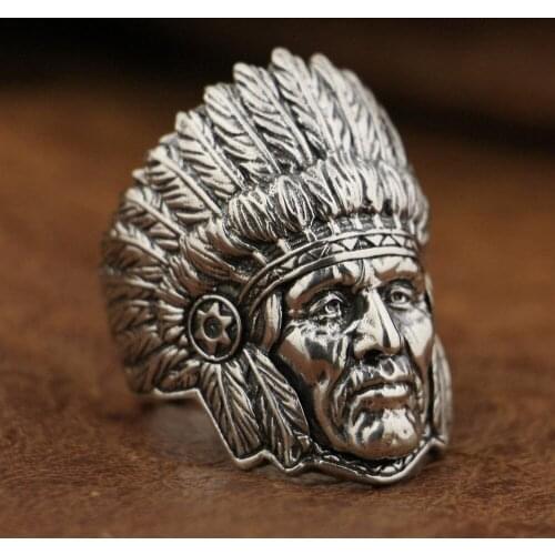 LINSION 925 Sterling Silver Indian Chief Ring Mens Biker Rock Punk Ring TA89 US Size 7~15