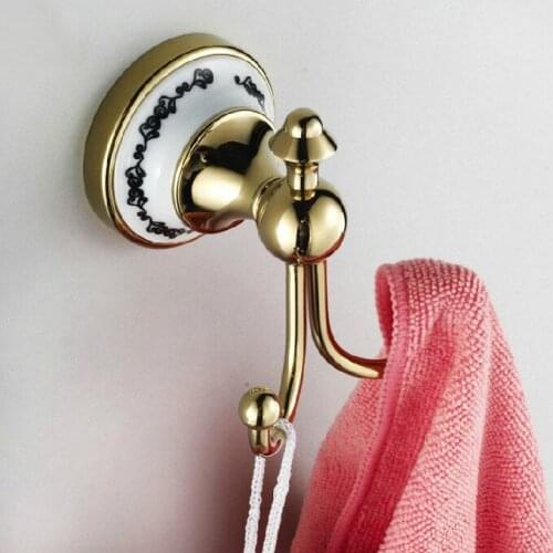 Wall Mounted Luxury Polished Gold Color Brass Bathroom Towel Coat Hooks Dual Robe Hook Hanger Bathroom Accessory mba250
