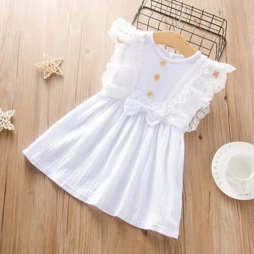 New Summer Toddler Girl Dress Solid Lace Bow Button Sleeveless Sweet Princess Dress Baby Girl Clothes Party Wedding Dresses 3-9Y