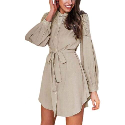 Autumn Shirt Dress Women Solid Stand Neck Lace Patchwork Long Sleeve Belt Mini Dress Ladies Buttons Ruffle Party Plus Size Dress