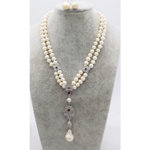 2rows freshwater pearl white near round 8-9mm beads necklace 17-18"