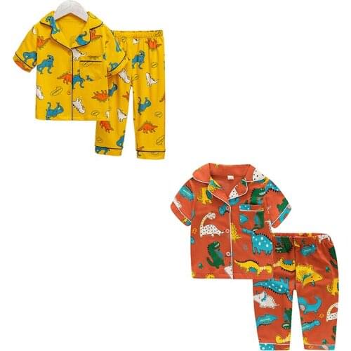 TUONXYE New Summer Boys Short sleeves Pajamas Girls Set Cartoon Dinosaurs Pyjama Cotton Kids Pijama Children Sleepwear Clothes
