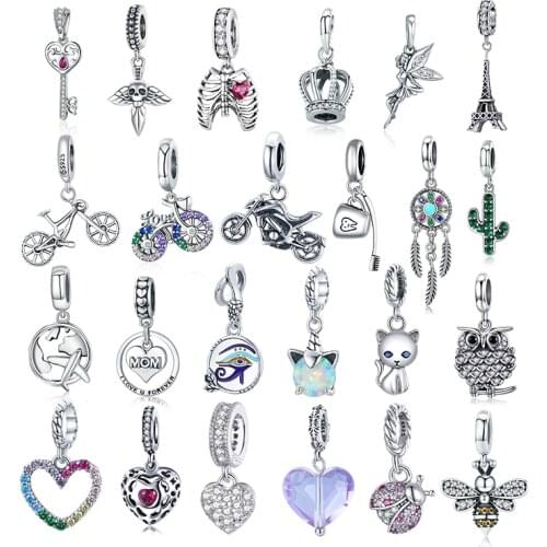 WOSTU Authentic 925 Sterling Silver Heart Bicycle Beads Charms Pendant Fit Bracelets Women Party Fashion DIY Jewelry Gift Making