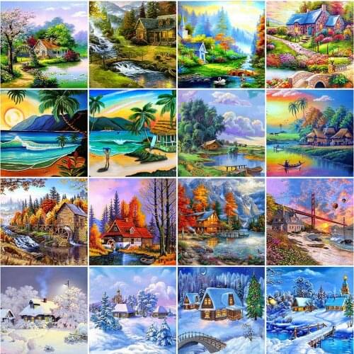 Full Square Drill 5D Diy Diamond Painting House Diamond Embroidery Four Seasons Cross Stitch Rhinestone Mosaic Winter Home Decor