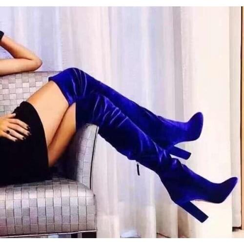Sexy fall Winter Women Velvet Over the Knee Boots Bright Blue Comfortable Thigh High Boots beautiful High Heel Boots Tide